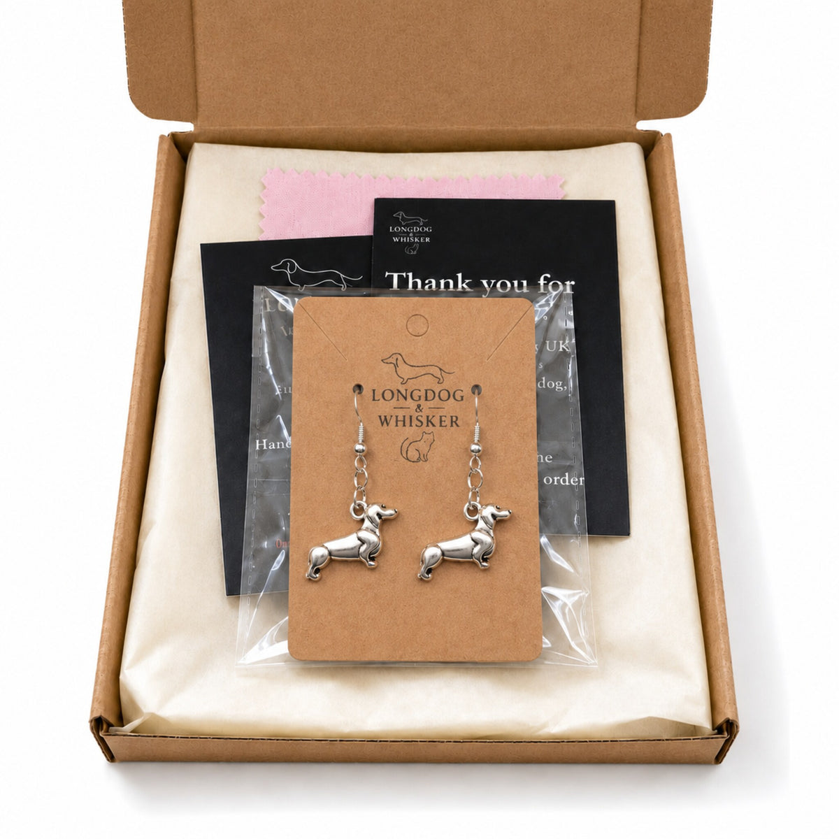 Sausage Dog Earrings - Brushed Silver with Longdog & Whisker packaging