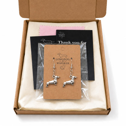 Sausage Dog Earrings - Brushed Silver with Longdog & Whisker packaging