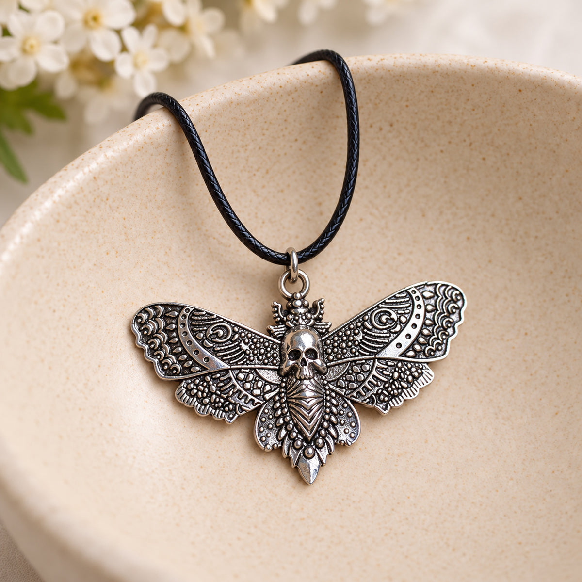Silver skull moth pendant and black cord resting in a speckled ceramic bowl