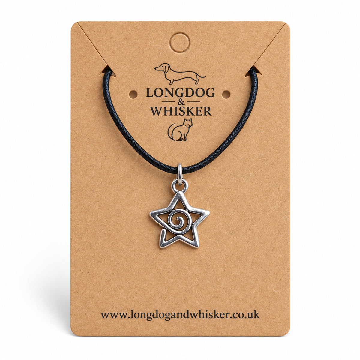 Silver-tone spiral star necklace on black cord on a Longdog & Whisker kraft card