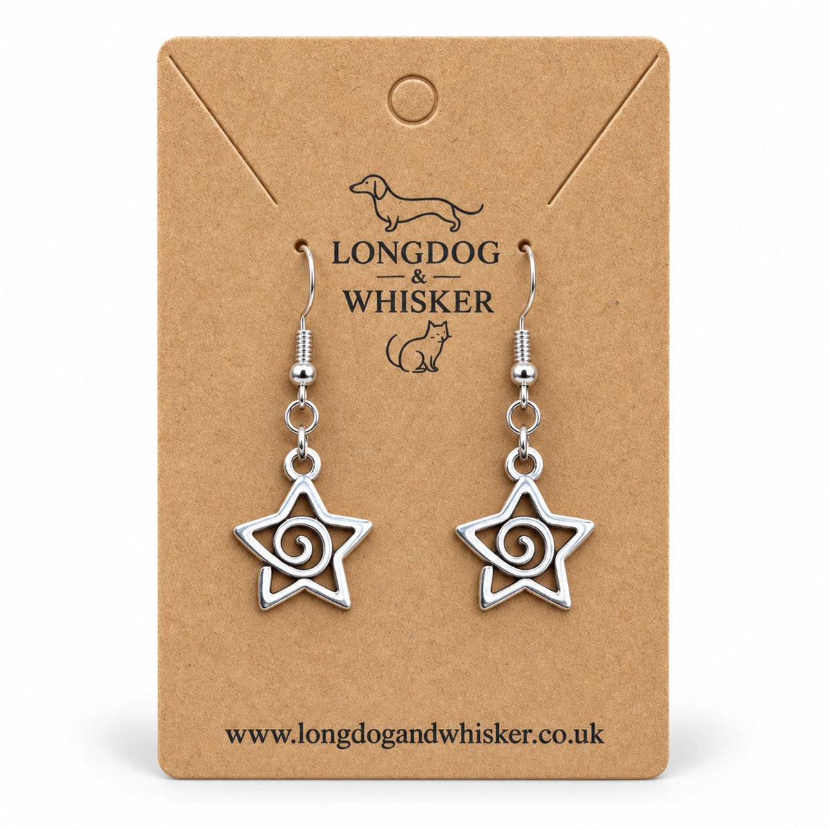 Silver-tone spiral star drop earrings on a Longdog & Whisker kraft card