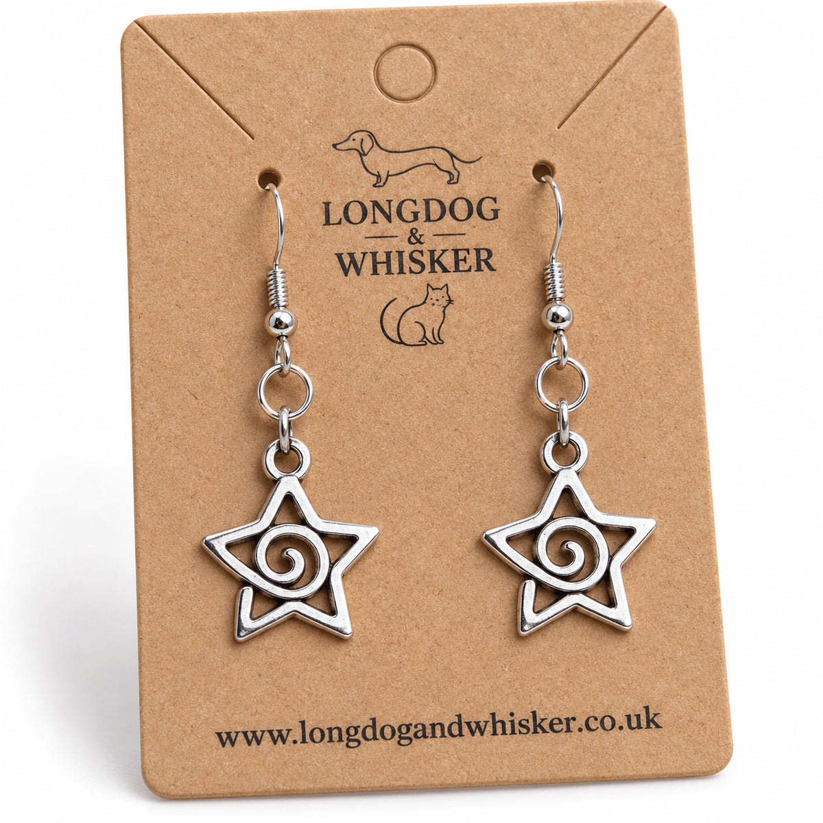 Close-up of the spiral star earrings' open outlines, curling centres and linked connectors