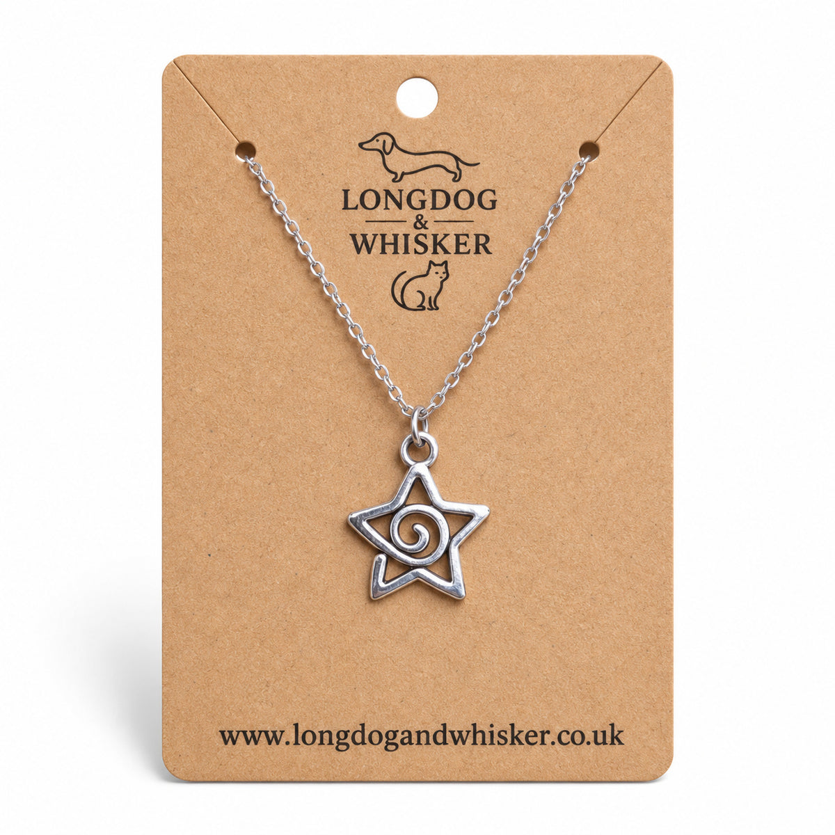 Silver-tone spiral star necklace on a silver-tone chain on a Longdog & Whisker kraft card