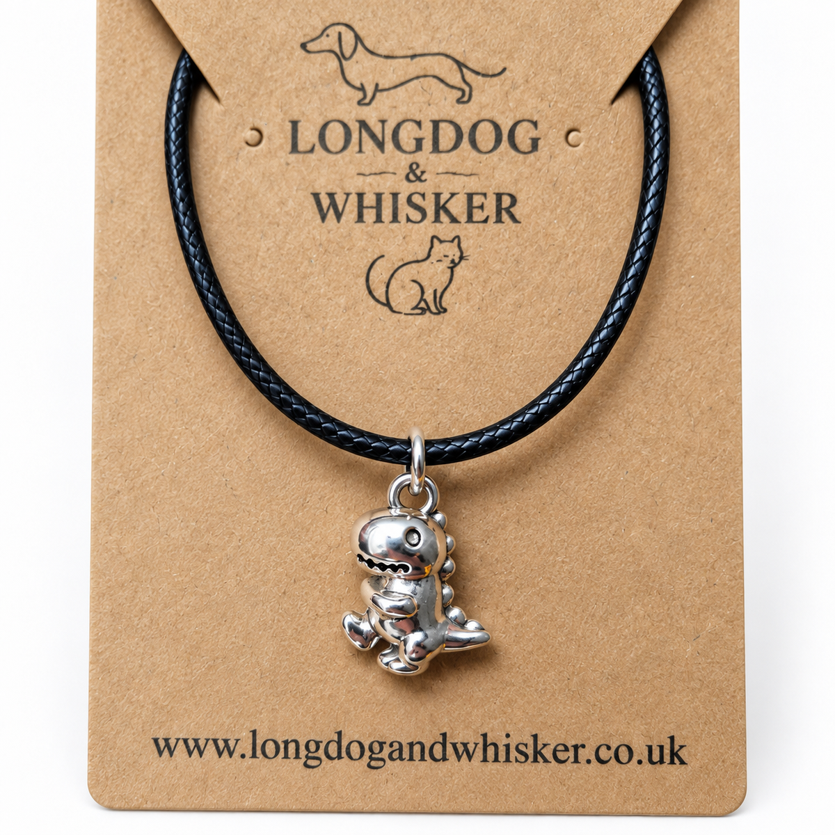 Close-up detail of Silver T-Rex Dinosaur Necklace
