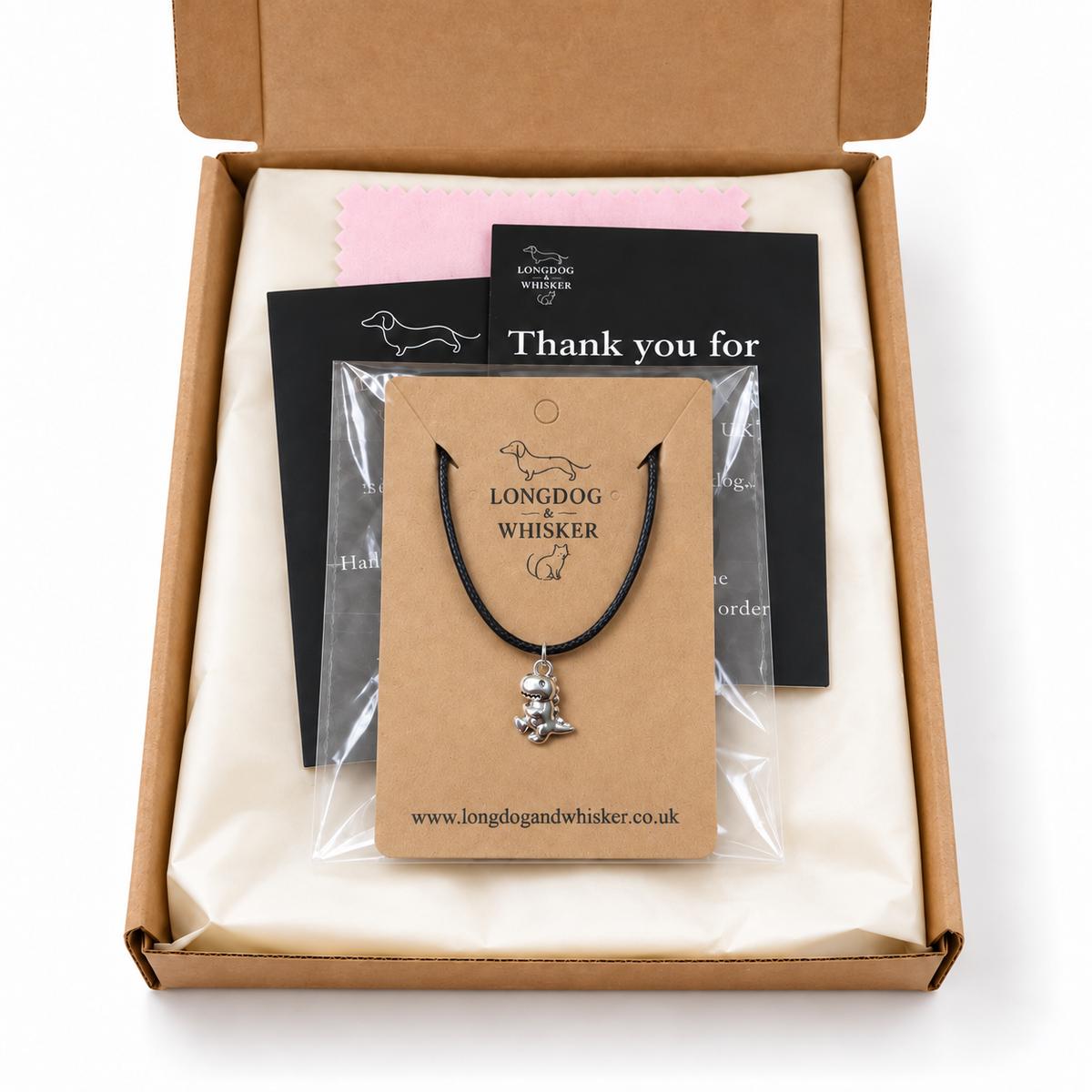Silver T-Rex Dinosaur Necklace in Longdog & Whisker gift packaging