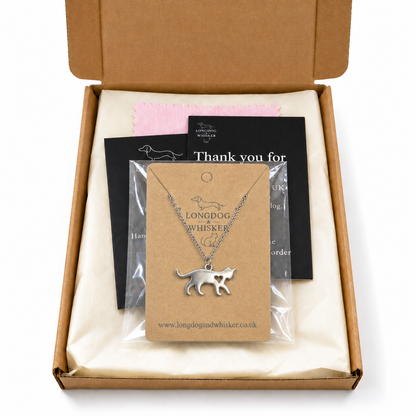Silver Walking Cat Necklace in Longdog & Whisker gift packaging