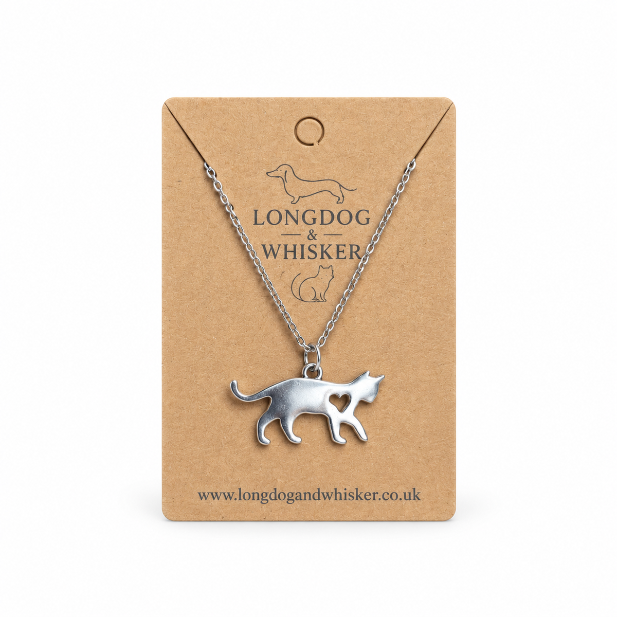Silver Walking Cat Necklace on Longdog & Whisker display card