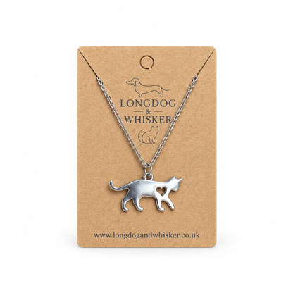 Silver Walking Cat Necklace on Longdog & Whisker display card