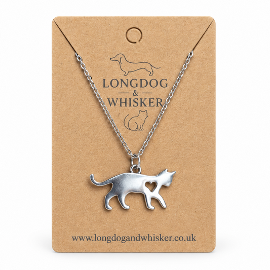 Silver Walking Cat Necklace on Longdog & Whisker display card