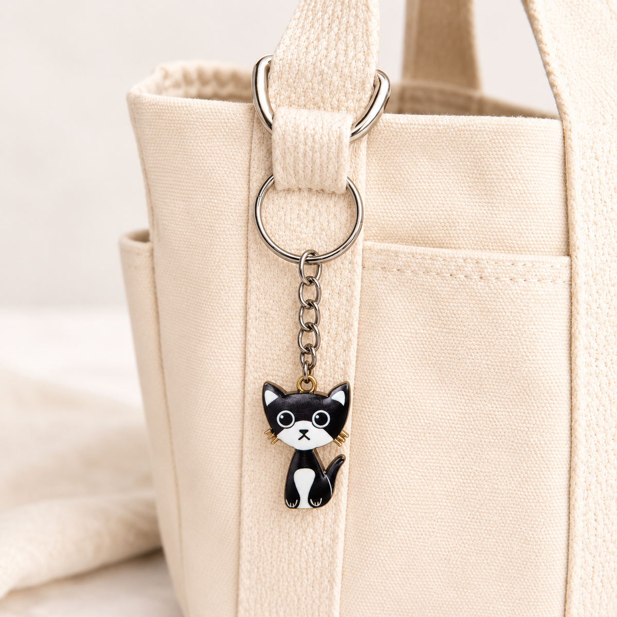 Simon cat keyring attached to a cream canvas bag
