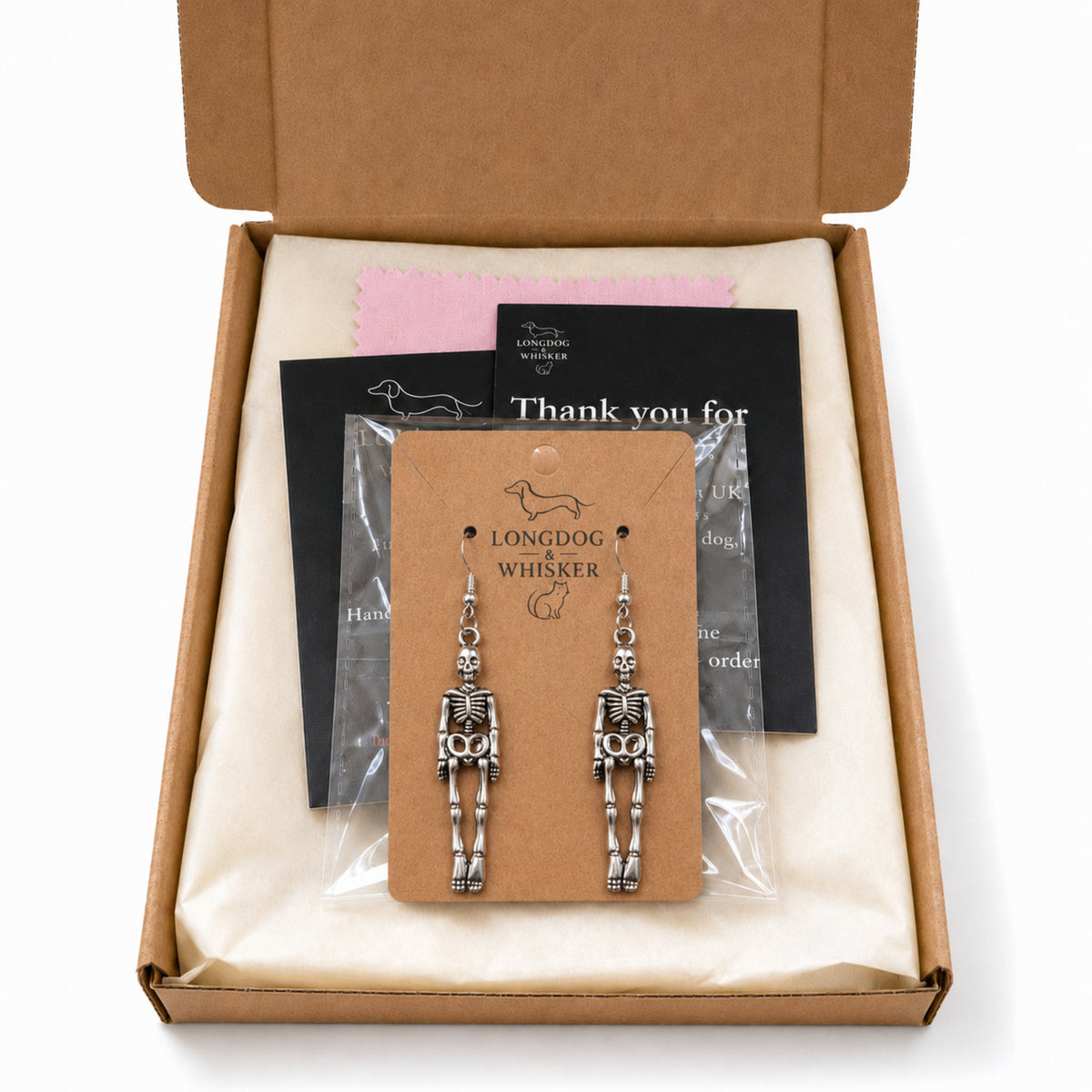 Skeleton Earrings with Longdog & Whisker packaging