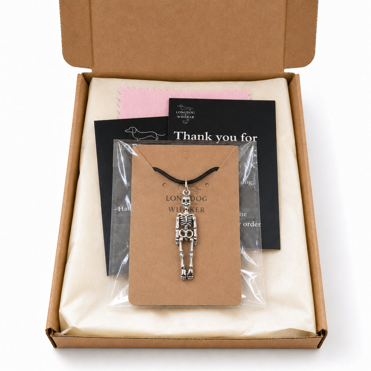 Skeleton Necklace Cord with Longdog & Whisker packaging