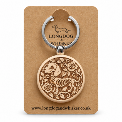 Skeleton Sausage Dog wooden keyring on its Longdog & Whisker card