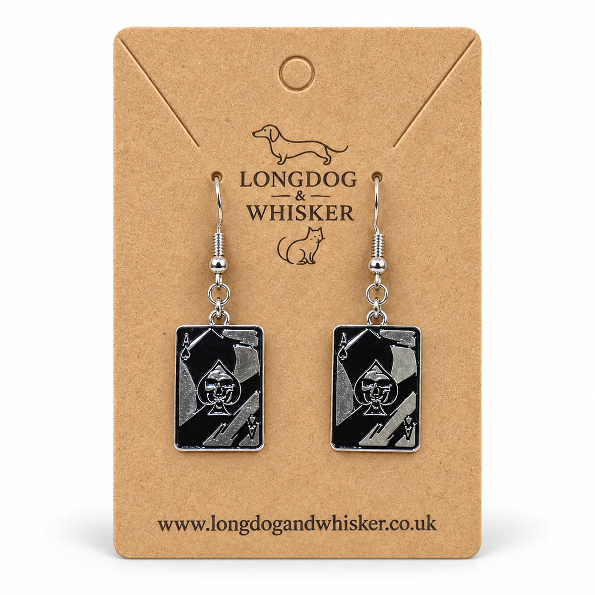 Skull Ace of Spades playing card drop earrings on a Longdog & Whisker kraft card
