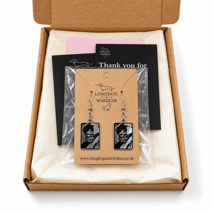 Skull Ace of Spades playing card earrings in Longdog & Whisker postal packaging