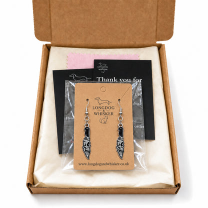 Skull Blade Knife Drop Earrings presented in Longdog & Whisker gift packaging