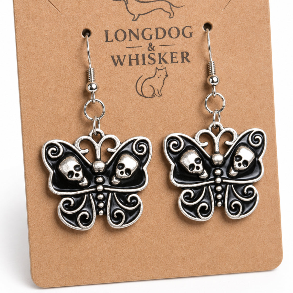 Close-up detail of Skull Butterfly Earrings