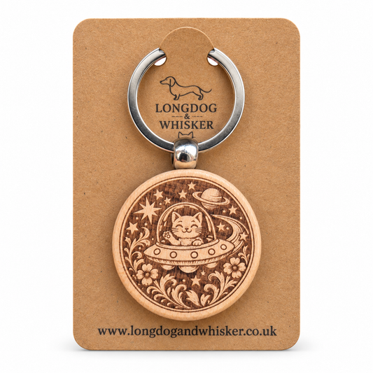 Space Cat UFO wooden keyring on its Longdog & Whisker kraft card
