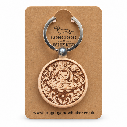 Space Cat UFO wooden keyring on its Longdog & Whisker card