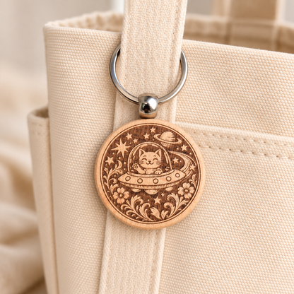 Space Cat UFO wooden keyring attached to a cream canvas tote handle