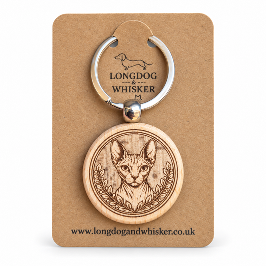 Sphynx cat wooden keyring with leafy portrait frame on Longdog & Whisker card