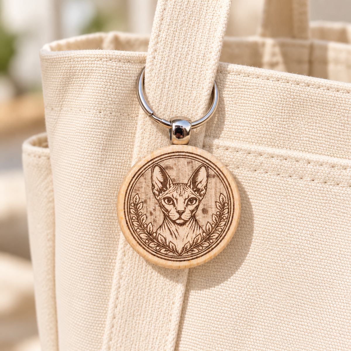 Sphynx cat wooden keyring hanging from a cream canvas tote bag