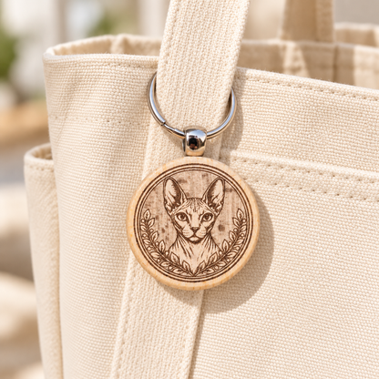 Sphynx cat wooden keyring hanging from a cream canvas tote bag
