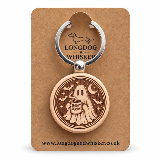 Spooky Season ghost engraved wooden keyring on Longdog and Whisker card
