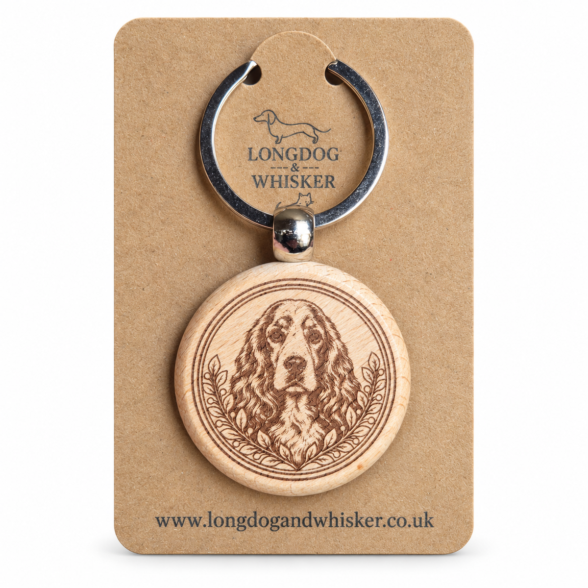 Springer Spaniel wooden keyring with leafy border on Longdog & Whisker kraft card