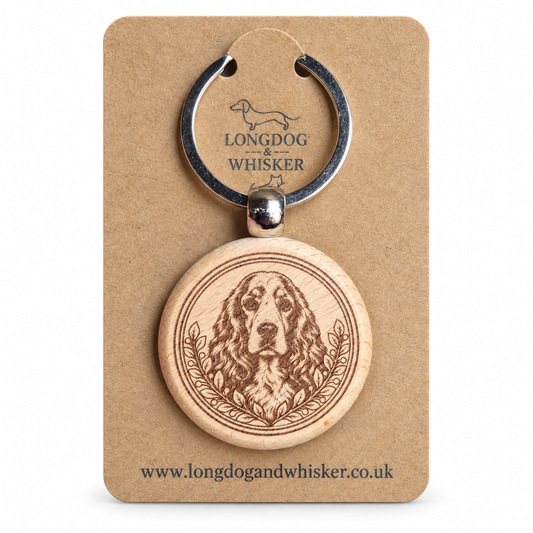 Springer Spaniel wooden keyring with leafy border on Longdog & Whisker kraft card