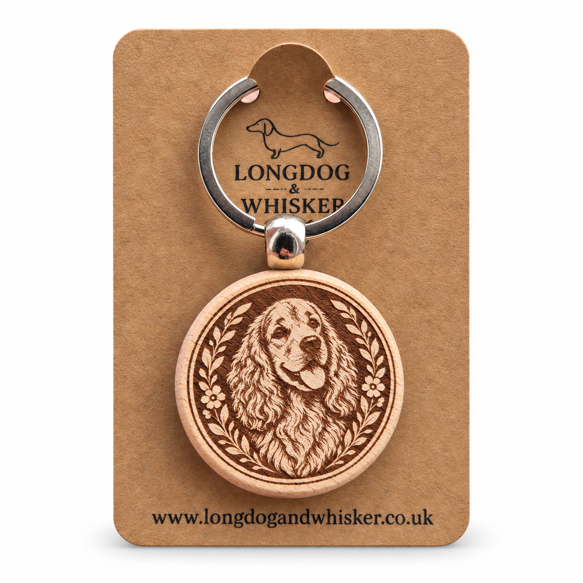 Springer Spaniel wooden keyring on a Longdog & Whisker product card