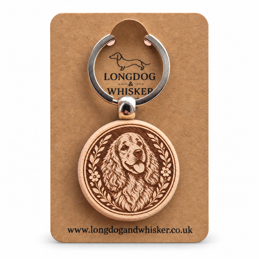 Springer Spaniel wooden keyring on a Longdog & Whisker product card