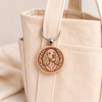 Springer Spaniel wooden keyring attached to a cream canvas tote bag