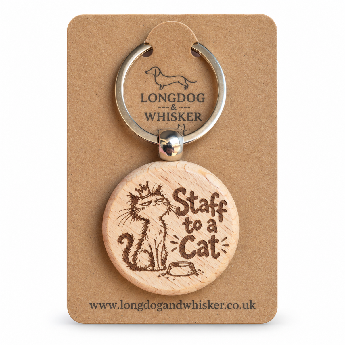 Staff to a Cat wooden keyring with crowned cat engraving on Longdog & Whisker card