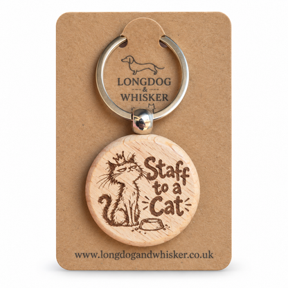 Staff to a Cat wooden keyring with crowned cat engraving on Longdog & Whisker card