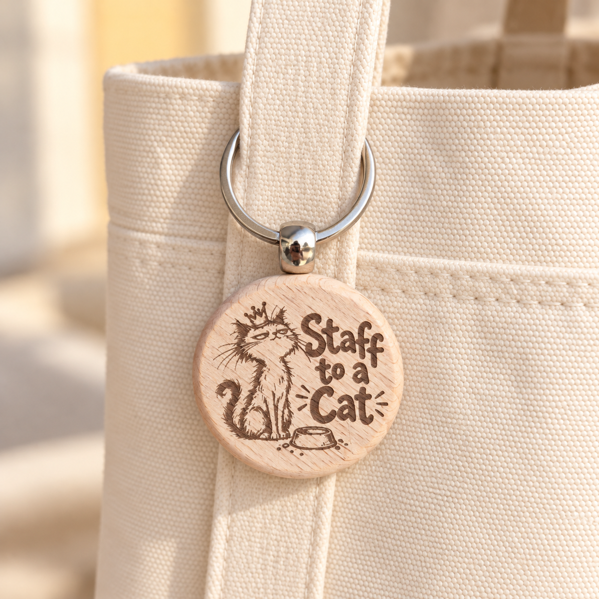 Staff to a Cat wooden keyring hanging from a cream canvas tote bag