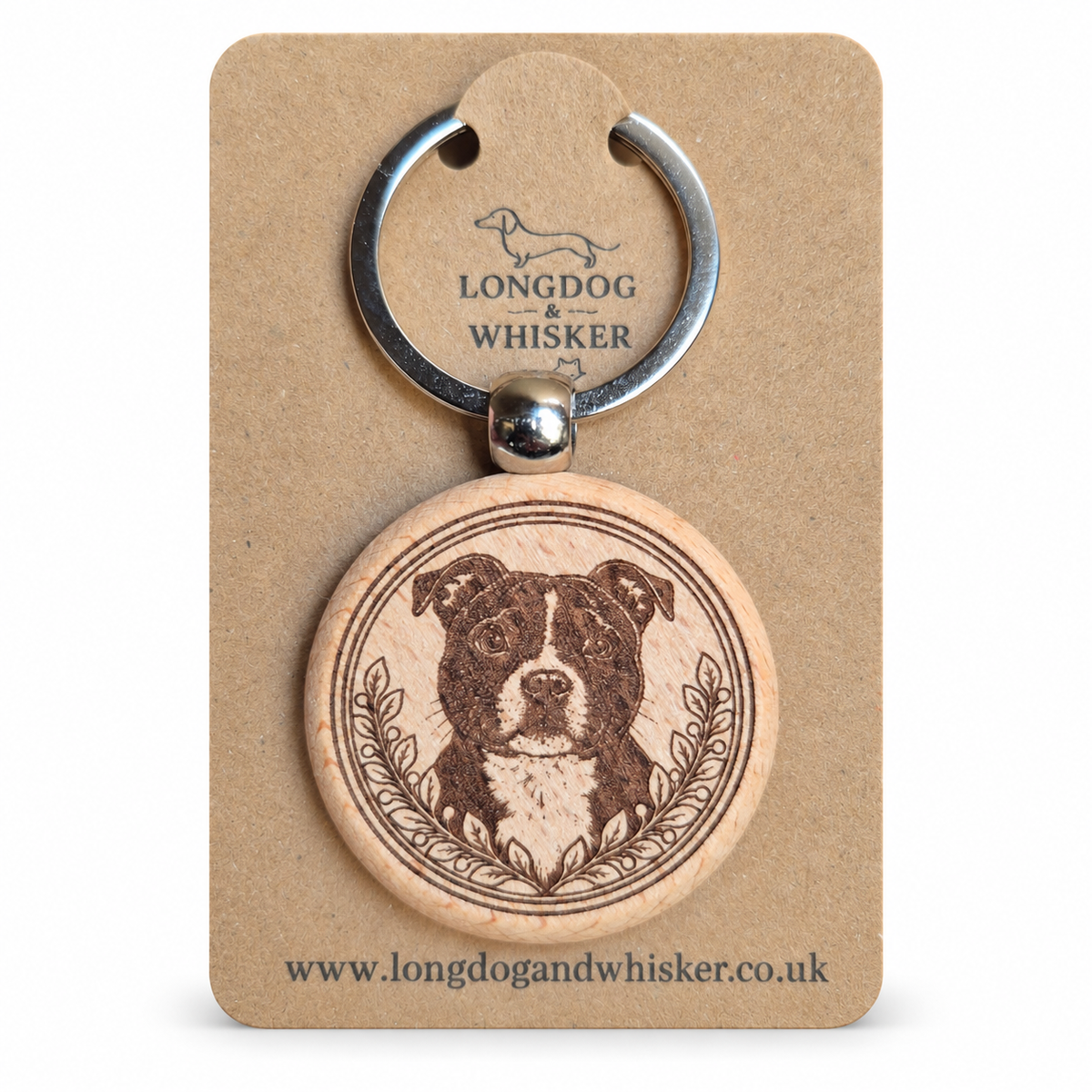 Staffy wooden keyring with leafy portrait frame on Longdog & Whisker kraft card