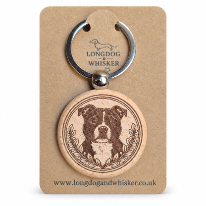 Staffy wooden keyring with leafy portrait frame on Longdog & Whisker kraft card