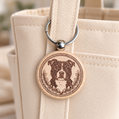 Staffy wooden keyring hanging from a cream canvas tote handle