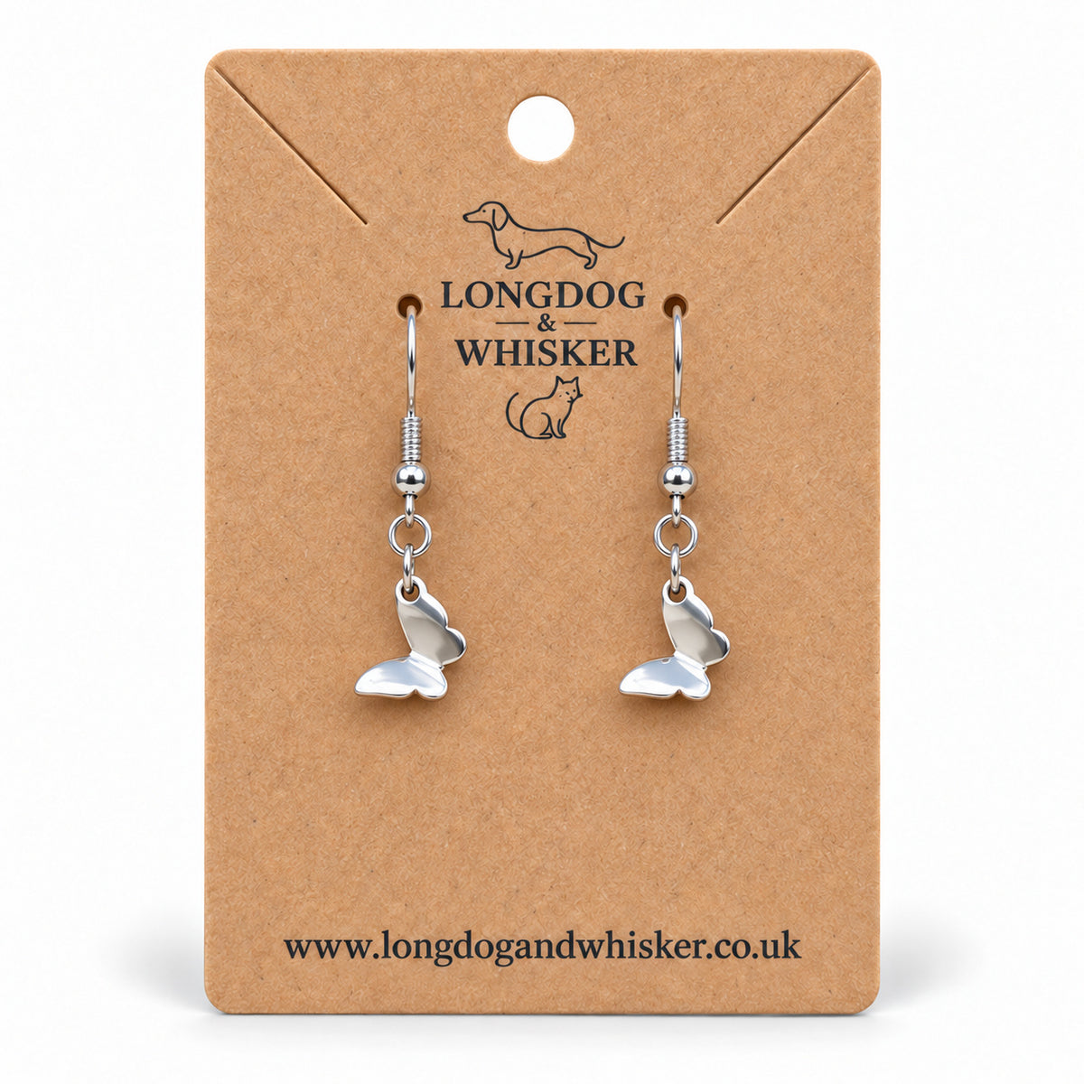 Stainless steel butterfly drop earrings on a Longdog & Whisker kraft card