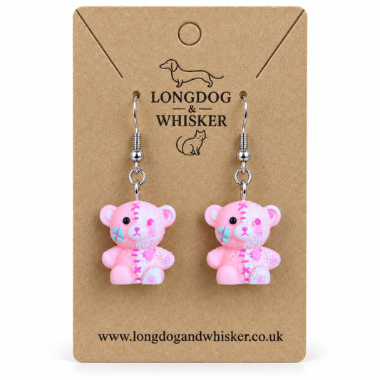 Pink Stitched Zombie Bear Earrings on Longdog & Whisker product card