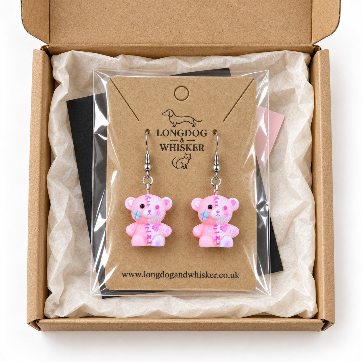 Pink Stitched Zombie Bear Earrings on Longdog & Whisker packaging card