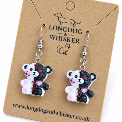 Close detail of Stitched Zombie Bear Earrings and silver-tone hooks