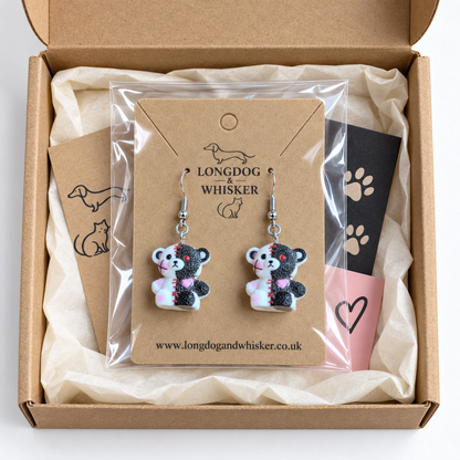 Stitched Zombie Bear Earrings on Longdog & Whisker packaging card