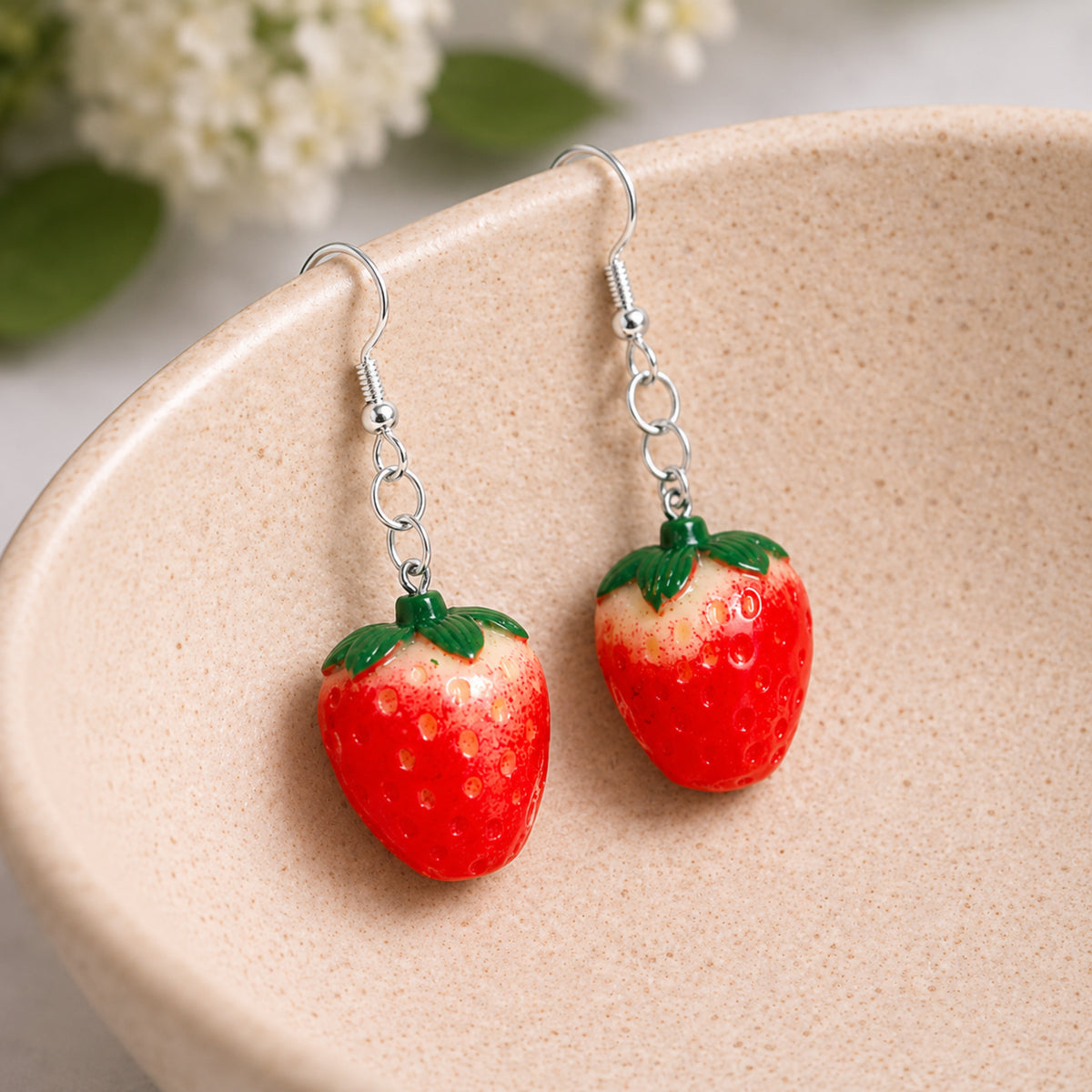 Strawberry Earrings - Silver Hook displayed in a lifestyle product photo