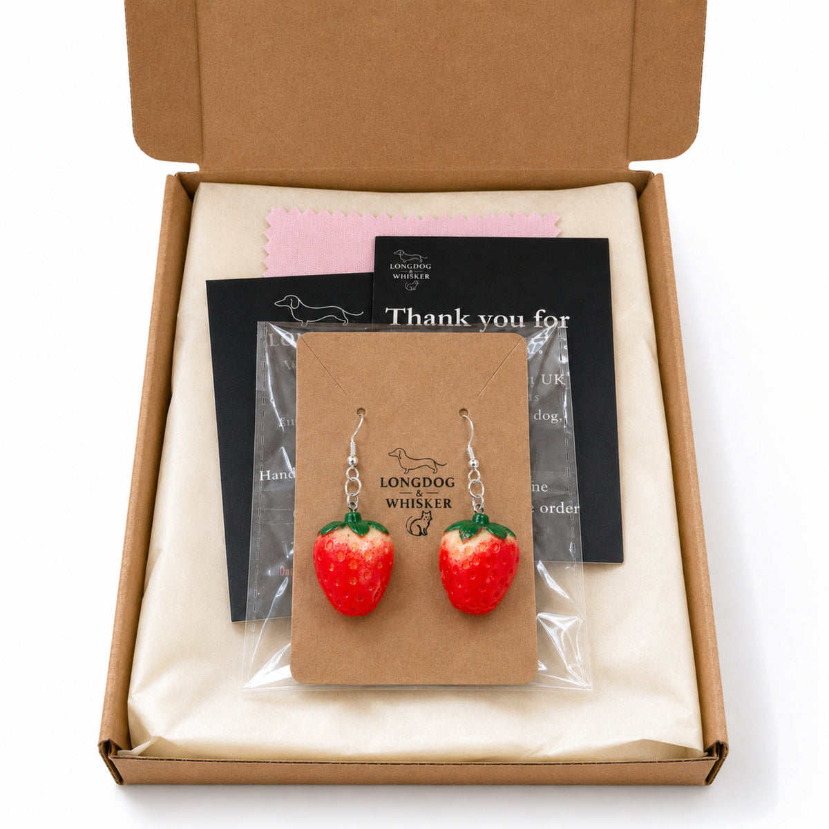 Strawberry Earrings - Silver Hook with Longdog & Whisker packaging