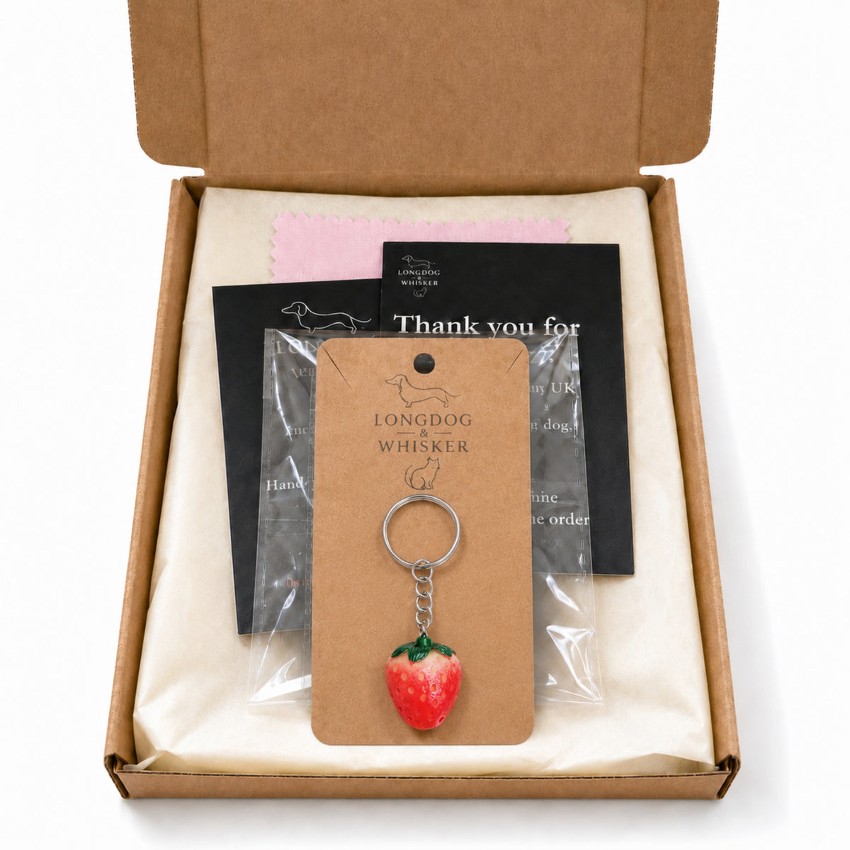 Strawberry Keyring with Longdog & Whisker packaging
