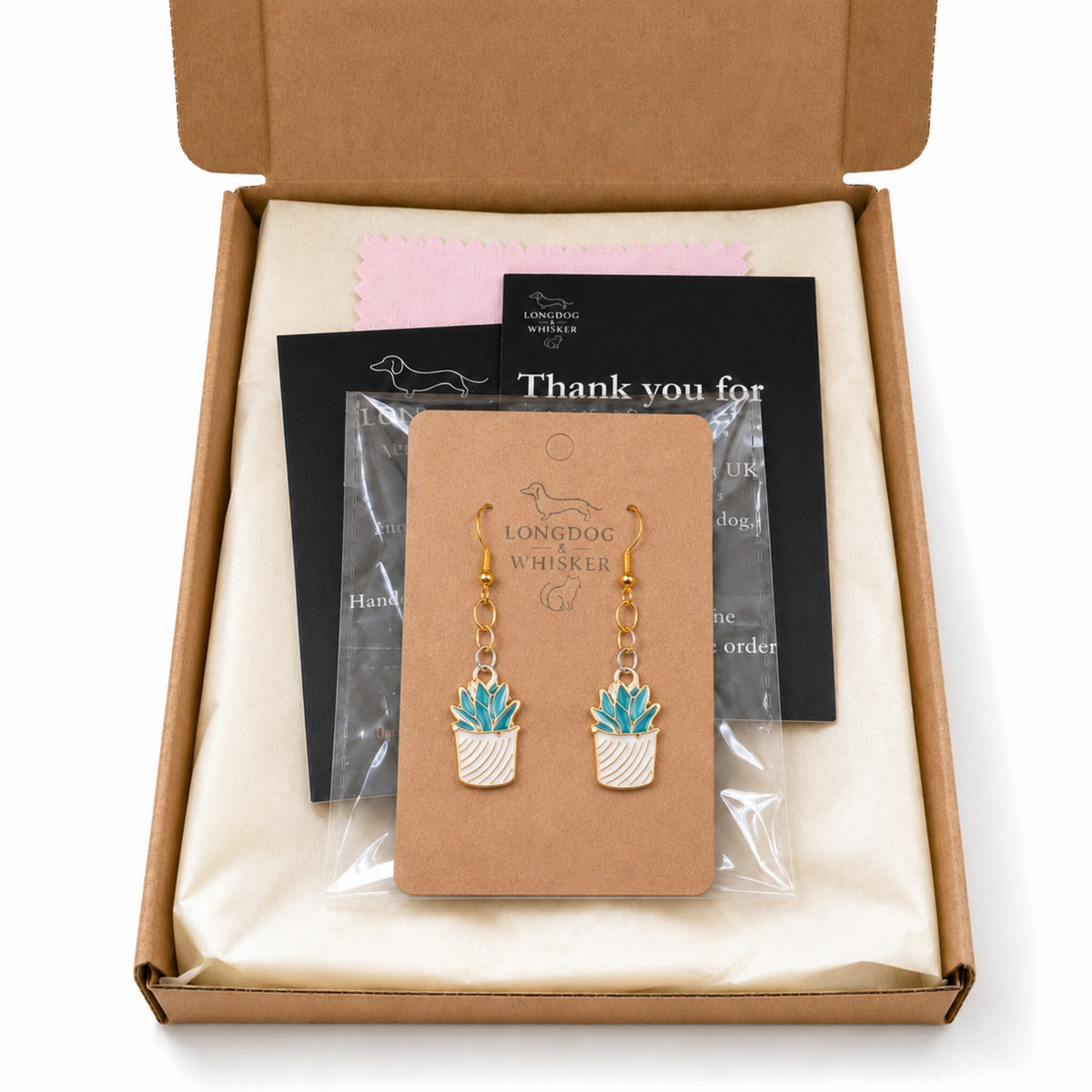 Stripy Succulent Earrings with Longdog & Whisker packaging