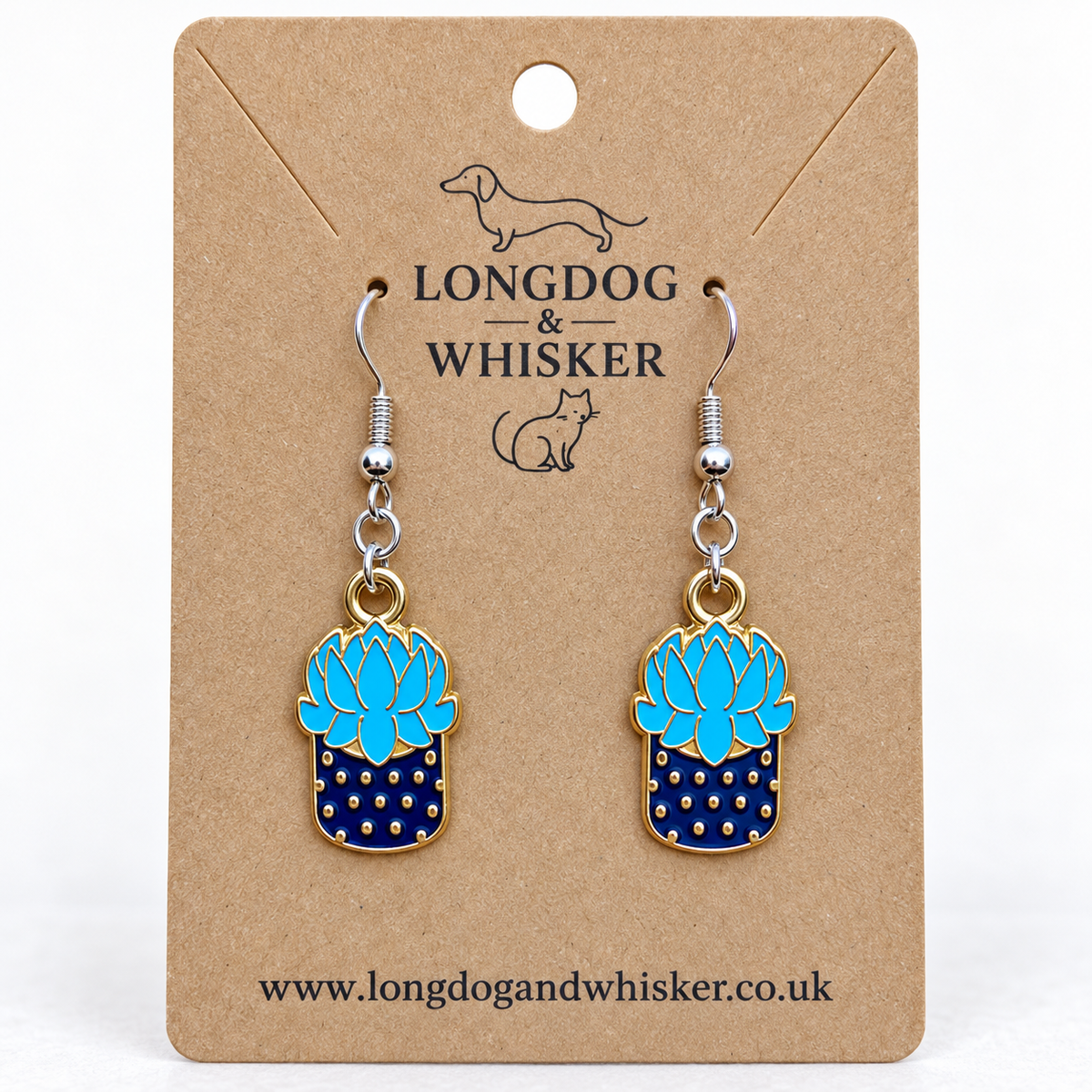 Close-up of Succulent Blue Earrings with silver hooks