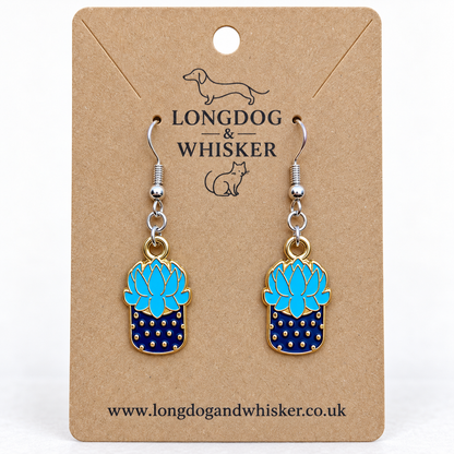 Close-up of Succulent Blue Earrings with silver hooks
